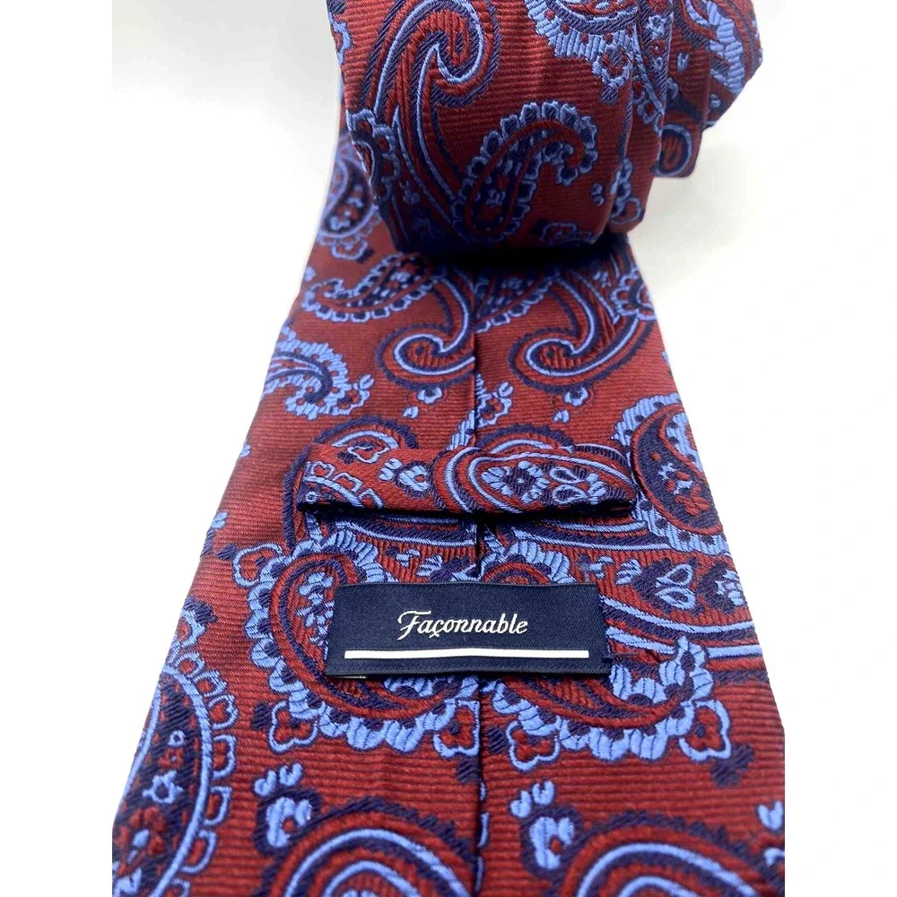 Faconnable Men's‎ Silk Necktie Made In France Handmade Red Paisley Print luxury